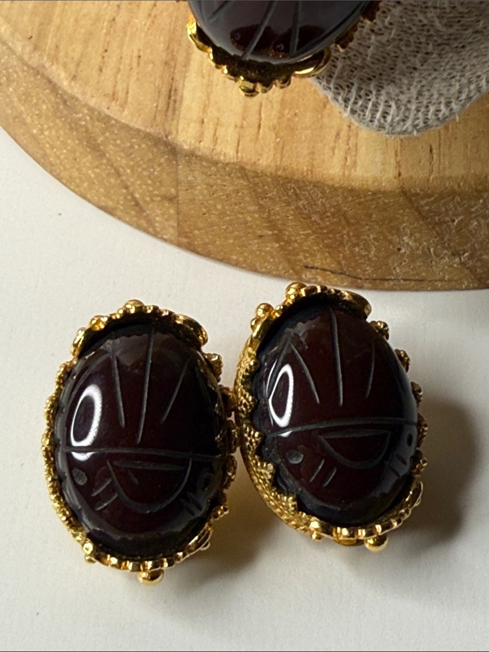 Vintage MMA Carnelian Bead Necklace earring Gold plate Scarab Egyptian revival⭐️ - Picture 4 of 17